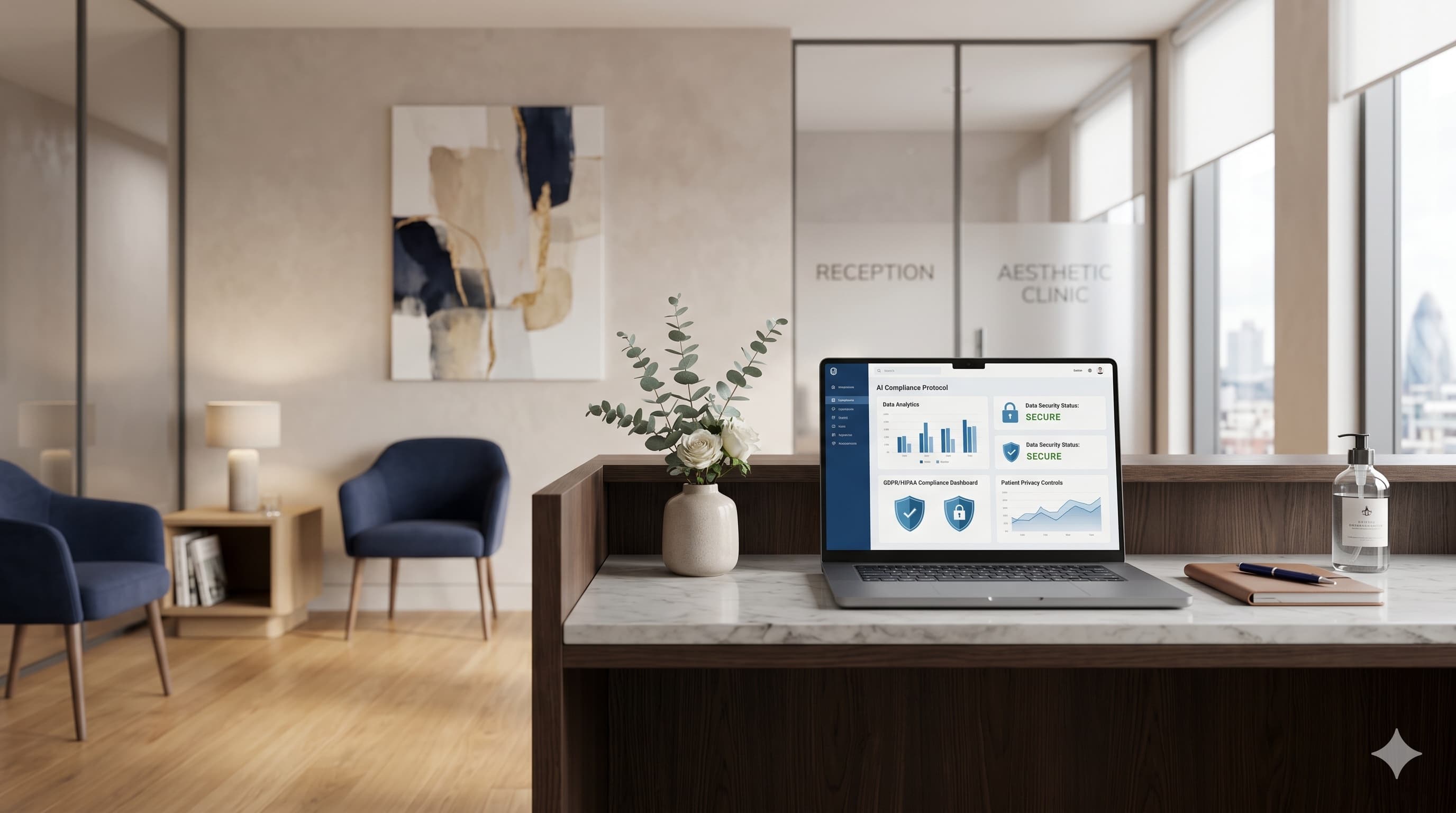 Réception d'un cabinet esthétique avec un écran affichant un protocole de conformité IA